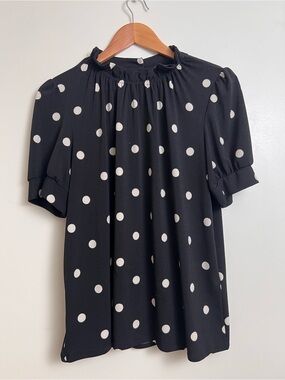 Adrianna Papell Black & White Polka Dot Mock Neck Blouse Puff Sleeve Retro Top M